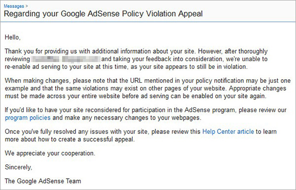 google adsense policy violation appeal