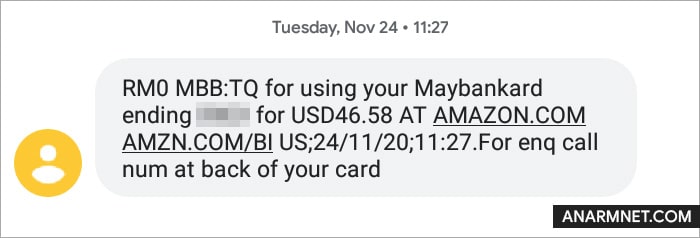 Notifikasi SMS unauthorized transaction Amazon