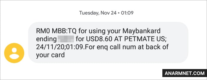 SMS transaksi kad debit Maybank